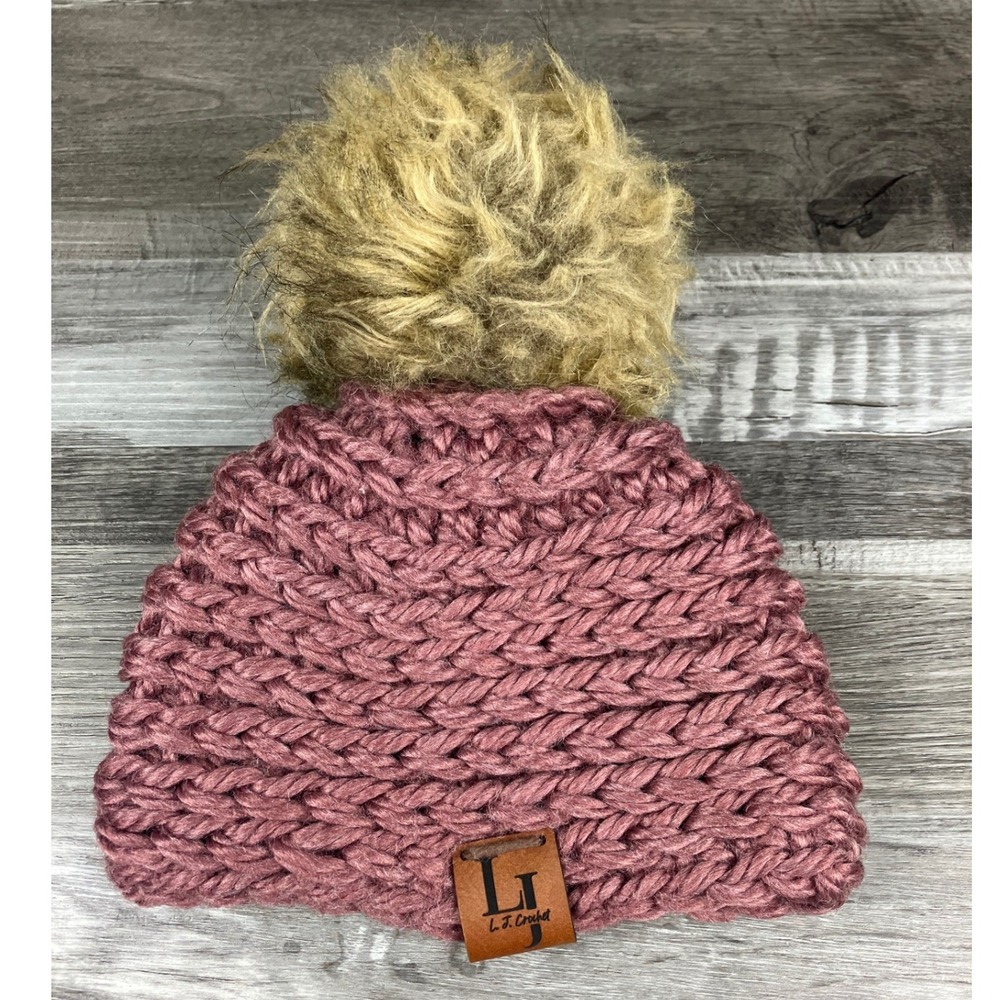 LJ Crochet Mauve Chunky Knit Beanie Detachable Faux Fur Pom Pom Hat